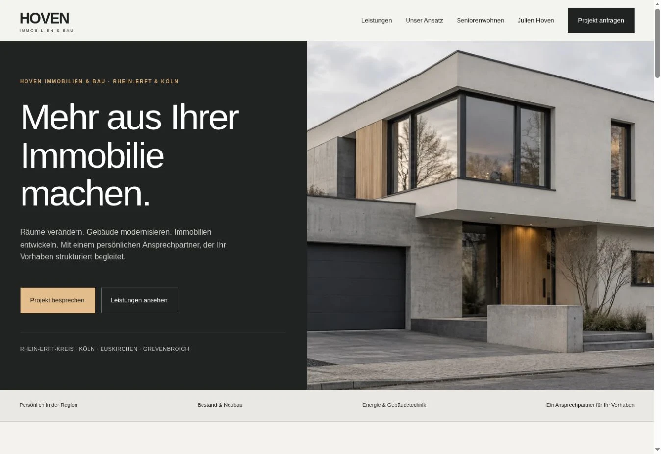 HOVEN IMMOBILIEN & BAU – Ansicht der tatsächlichen Startseite